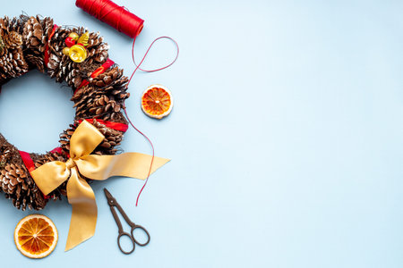 Christmas wreath top view. Winter holidays decoration