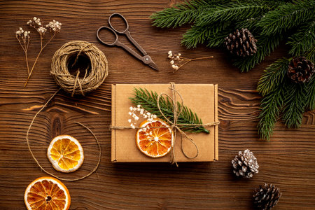 Christmas present and gifts background frame with pine tree