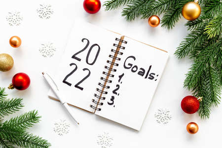 New year beginning solution goals concept - hand writing text, top viewの写真素材