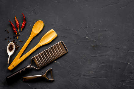 Kitchenware cooking tools and utensils. Cooking background, flat layの写真素材