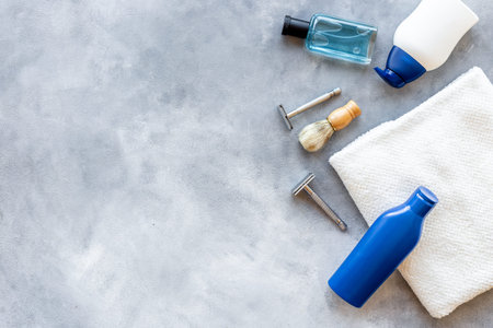 Flat lay of male cosmetic products for men body care grooming and shavingの写真素材