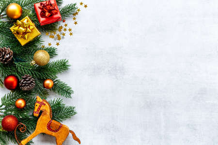 Winter holidays theme - Christmas tree with baubles, top viewの写真素材