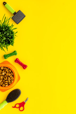 Dog food and toys with grooming tools, top viewの写真素材
