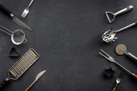 Set of kinchen appliance and utensils top view. Cooking backgroundの写真素材
