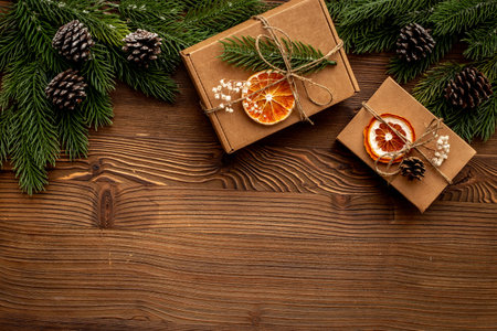 Craft paper gift boxes handmade - Christmas gifts background, top view