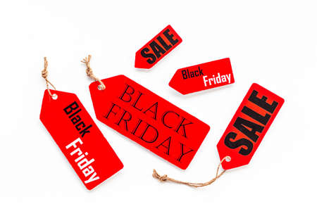 Price sale label tied with string. Discount shopping day conceptの写真素材