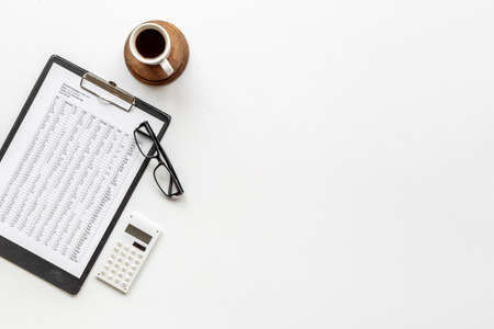 Accountant work with financial taxes reports or bill, top viewの写真素材