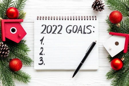 New year beginning solution goals concept - hand writing text, top viewの写真素材