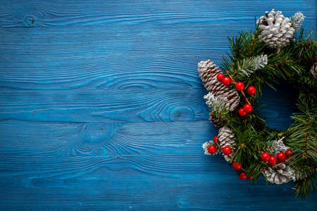 Christmas wreath top view. Winter holidays decorationの写真素材