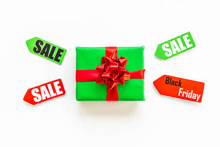 Sale label tag with gift box. Discount shopping day conceptの写真素材