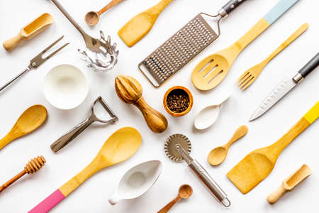Pattern of kitchen utensils and cookware. Flat lay, top viewの写真素材