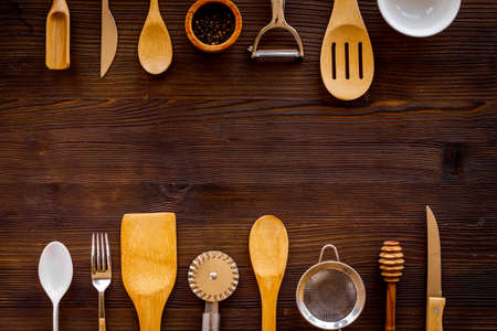 Pattern of kitchen utensils and cookware. Flat lay, top viewの写真素材
