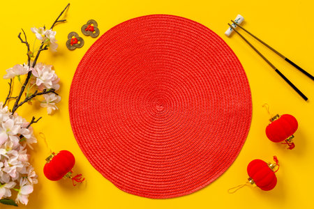 Chinese New Year with red bamboo mat for tabble place settingの写真素材