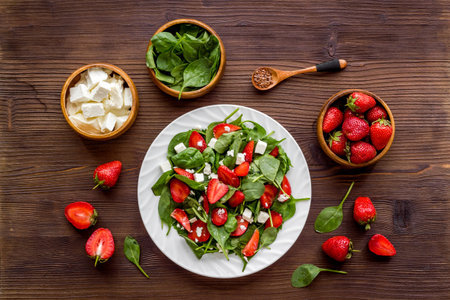 Vegan meal - spinach salad with strawberry and goat cheeseの写真素材