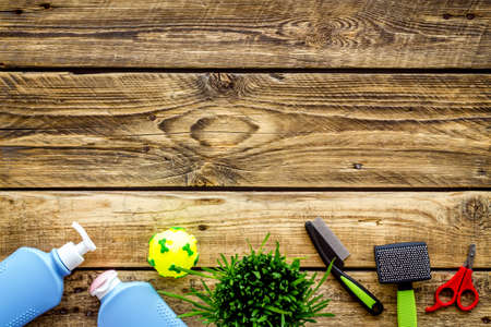 Pet accessories and grooming tools set with toys, top viewの写真素材