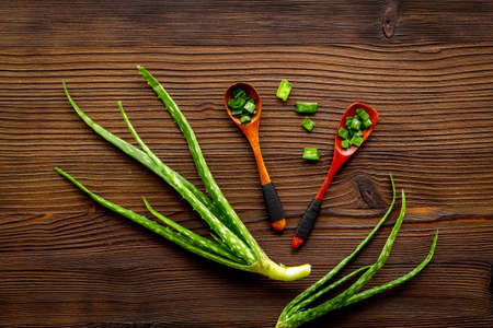 Aloe vera for herbal medical skin care. Green leaves and slicesの写真素材