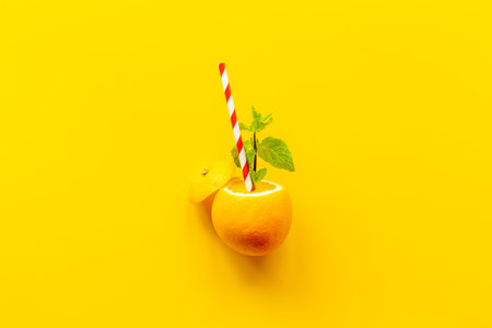 Cocktail concept. Orange with mint as cocktail tube in shape of glassの写真素材