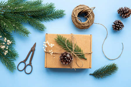 Christmas presents - hand made gift boxes, top viewの写真素材