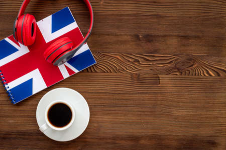 English courses concept. British flag on notebook and headphonesの写真素材