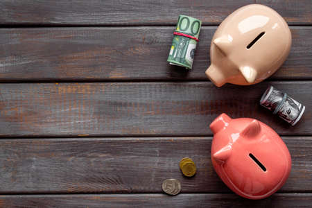 Many piggy banks with dollars - cash money savingの写真素材