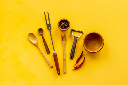 Kitchenware cooking tools and utensils. Cooking background, flat layの写真素材
