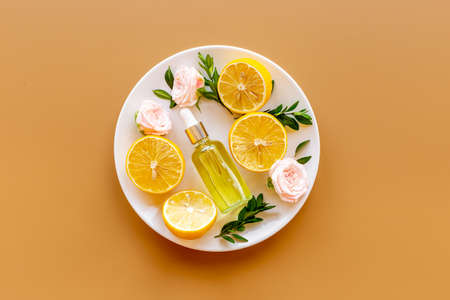 Essential oil with herbs citrus and flowers. Organic cosmetic ingredientsの写真素材