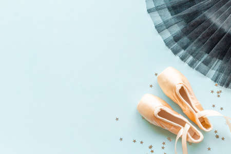 Used ballet points shoes on tutu skirt. Set for ballerinaの写真素材