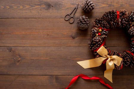 Green Christmas wreath with decor, top view. New year decorationの写真素材