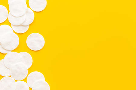 Cotton pads top view. Cosmetic makeup remover suppliesの写真素材