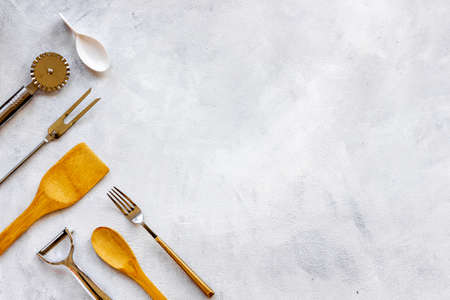 Kitchenware cooking tools and utensils. Cooking background, flat layの写真素材