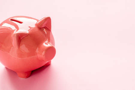 Pink piggy bank close up. Currency saving and investments conceptの写真素材