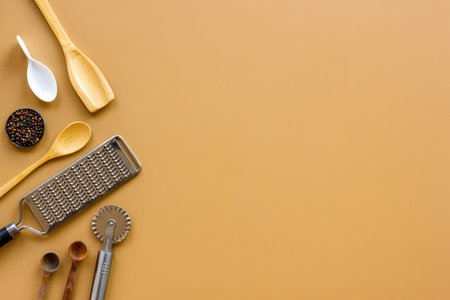 Flat lay of kinchen appliance and utensils for cooking backgroundの写真素材