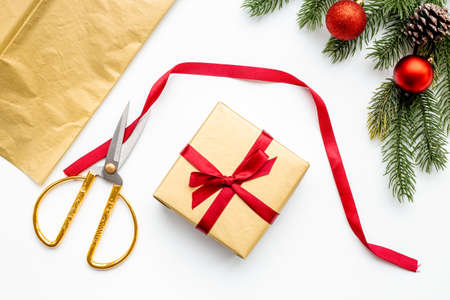 Handmade Christmas present and gifts - boxes top view, flat lay
