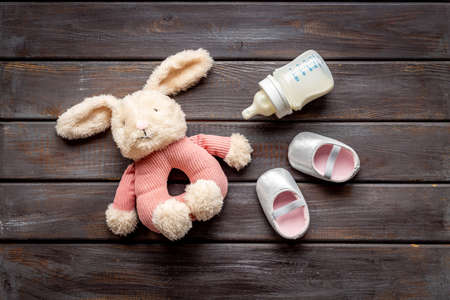 Baby girl pink shoes with milk and toy. Newborn set backgroundの写真素材