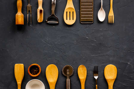 Pattern of kitchen utensils and cookware. Flat lay, top viewの写真素材