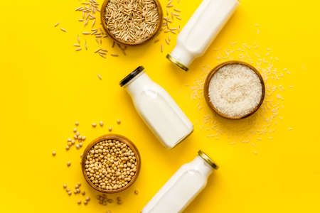 Almonds rice and oats milk. Non dairy vegan diet nutritionの写真素材