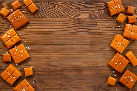 Caramel pieces of caramel candies with sea salt, top viewの写真素材