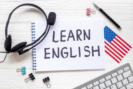 Student table desk - learning English lessons conceptの写真素材