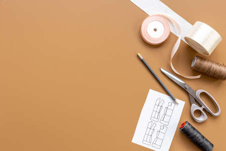 Sewing and knitting accessories in workshop. Fashion designer or seamstress workplaceの写真素材