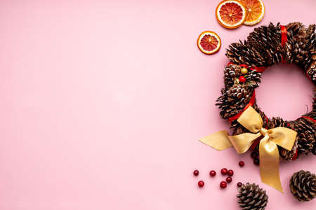 Christmas wreath top view. Winter holidays decorationの写真素材