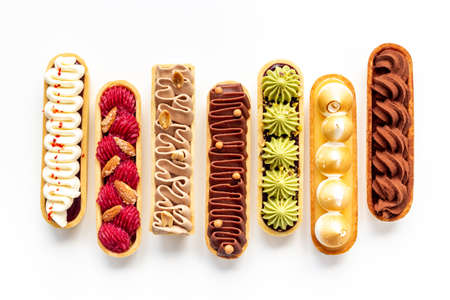 Sweet food pattern of eclairs with color topping. Sweet shacksの写真素材