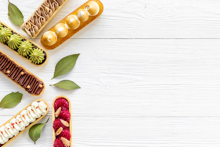 Bakery banner background of eclairs colorful toppingの写真素材