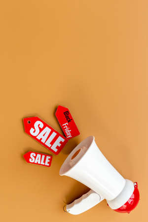 Sale announcement. Megaphone with price sale labelsの写真素材