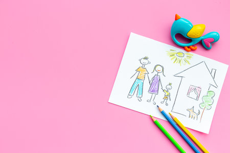 Mom dad and me - child drawing. Adoption conceptの写真素材