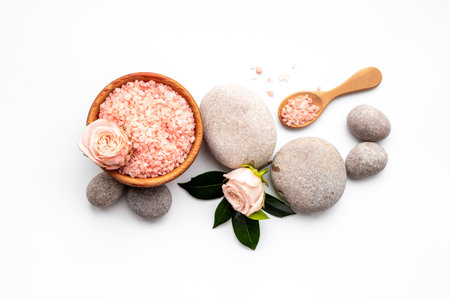 Beauty treatment massage with spa stone and pink sea salt, top viewの写真素材
