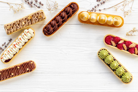 Set of french dessert eclairs with colorful topping