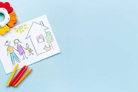 Childs drawing of happy family. Adoption conceptの写真素材