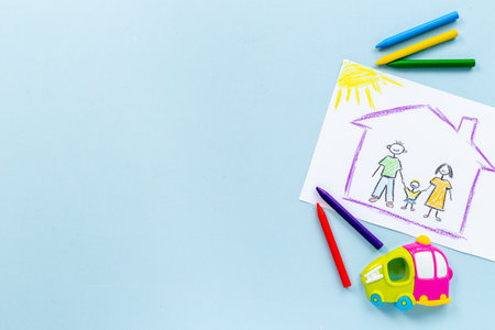 Drawing of parents and child at home. Adoption conceptの写真素材
