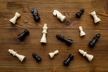 Chess pieces pattern top view. Chess game as success concept