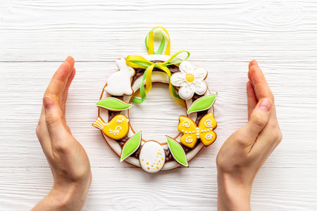 Easter gingerbread cookies wreath with bunny and eggsの写真素材